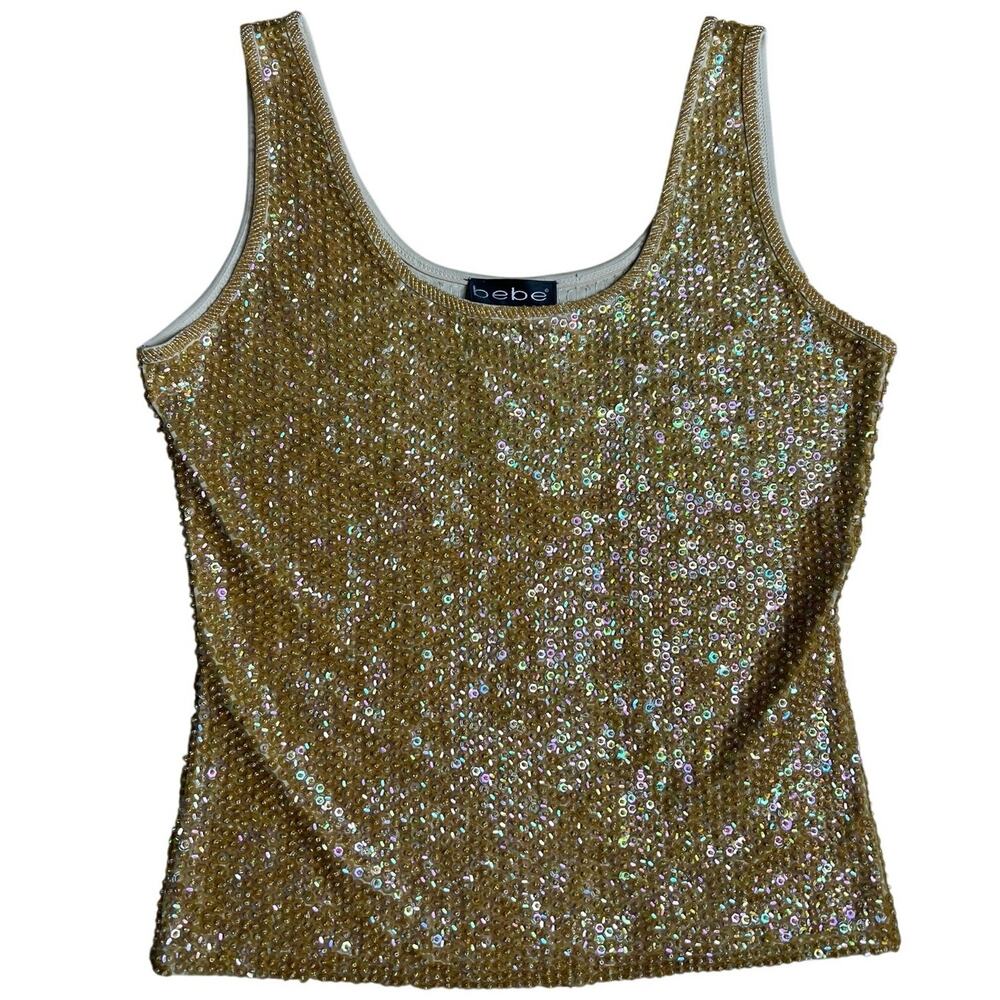 Vintage Bebe Top M Gold Beaded Sequin Tank Y2K Fairy Sequenced